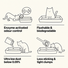 Snow cat litter benefits: enzyme activated odour control, biodegradable cassava, ultra low dust below 0.09%, and tight clumps with less sticking