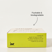 Snow cassava cat litter packaging with flushable and biodegradable caption