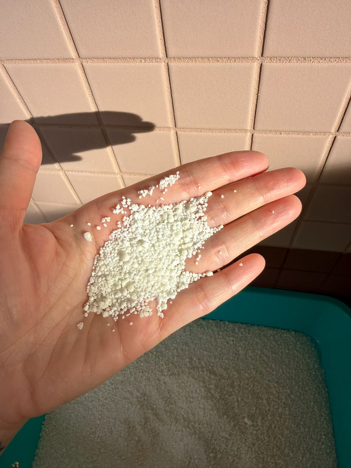 Snow litter granules in a hand above a turquoise tray